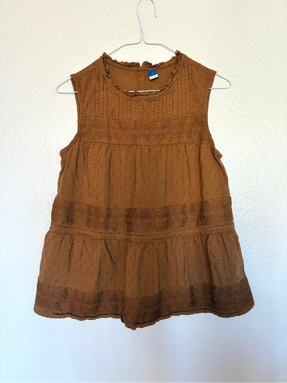 Old Navy Cotton Blend Brown Swiss Dot Tiered Tank Top Lace Embroidered Coquette